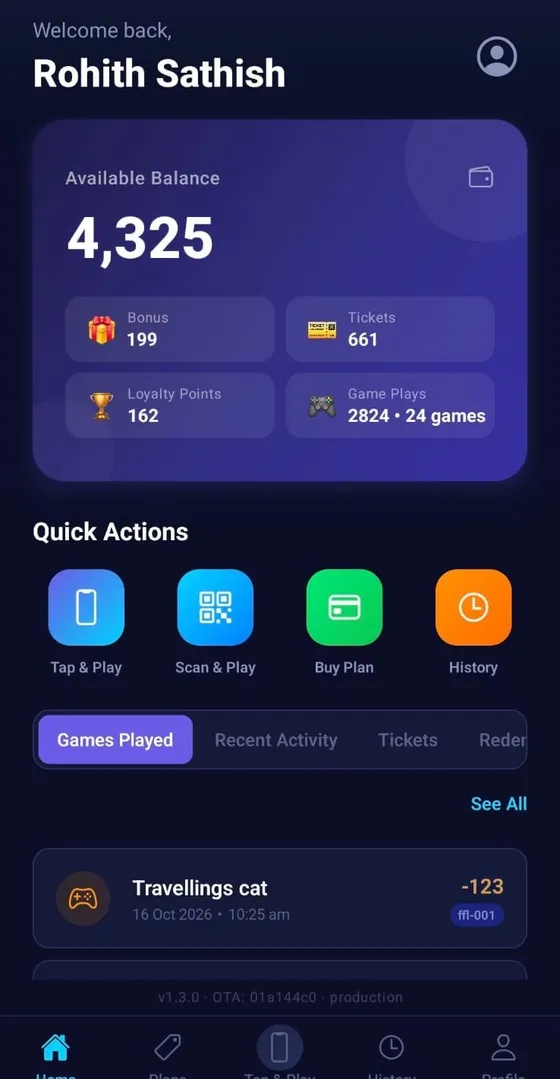 FunFactor Labs app home screen: wallet balance, bonus, tickets, loyalty points, and Tap & Play, Scan & Play, Buy Plan and History buttons